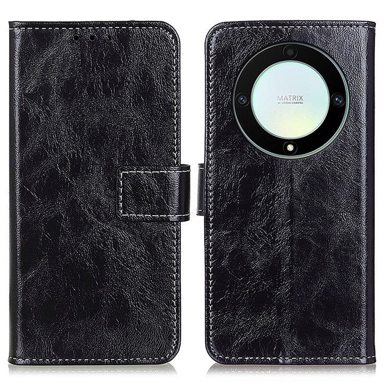 Anti-drop Phone Case Stand For Honor X9a 5G / Magic5 Lite 5G / X40 5G , Retro Crazy Horse Texture Leather Wallet Cover - Black