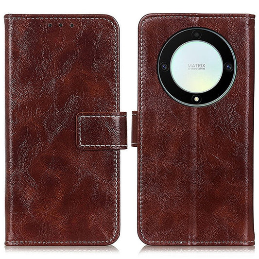 Anti-drop Phone Case Stand For Honor X9a 5G / Magic5 Lite 5G / X40 5G , Retro Crazy Horse Texture Leather Wallet Cover - Brown