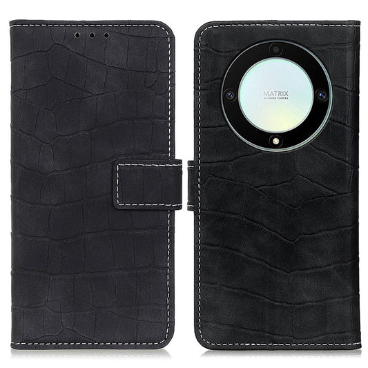 Anti-fall Phone Cover For Honor X9a 5G / Magic5 Lite 5G / X40 5G Crocodile Texture Leather Phone Case with Wallet Stand - Black