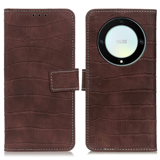 Anti-fall Phone Cover For Honor X9a 5G / Magic5 Lite 5G / X40 5G Crocodile Texture Leather Phone Case with Wallet Stand - Brown