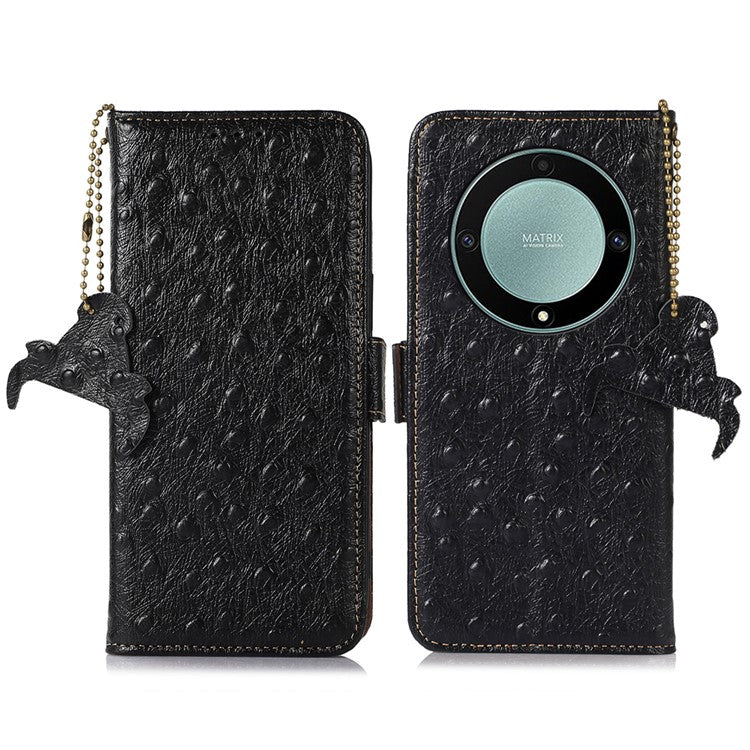 For Honor Magic5 Lite 5G / X9a 5G / X40 5G RFID Blocking Phone Case Ostrich Pattern Cowhide Cow Leather Stand Phone Wallet Cover - Black