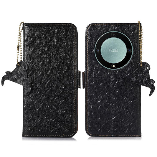 For Honor Magic5 Lite 5G / X9a 5G / X40 5G RFID Blocking Phone Case Ostrich Pattern Cowhide Cow Leather Stand Phone Wallet Cover - Black