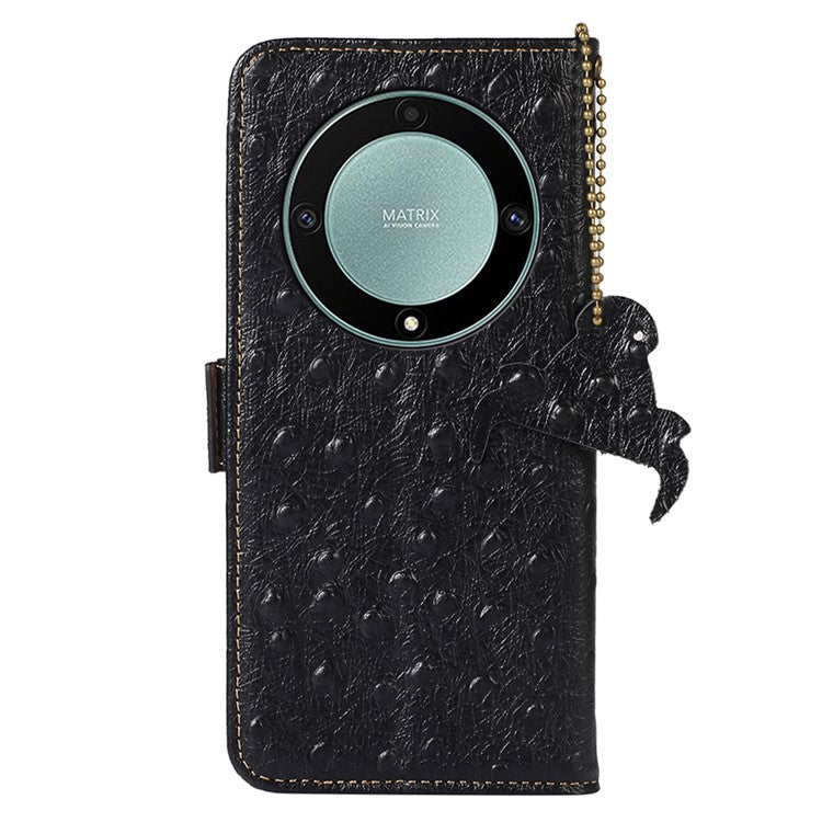 For Honor Magic5 Lite 5G / X9a 5G / X40 5G RFID Blocking Phone Case Ostrich Pattern Cowhide Cow Leather Stand Phone Wallet Cover - Black