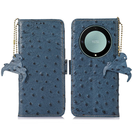 For Honor Magic5 Lite 5G / X9a 5G / X40 5G RFID Blocking Phone Case Ostrich Pattern Cowhide Cow Leather Stand Phone Wallet Cover - Blue