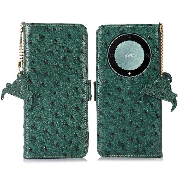 For Honor Magic5 Lite 5G / X9a 5G / X40 5G RFID Blocking Phone Case Ostrich Pattern Cowhide Cow Leather Stand Phone Wallet Cover - Green