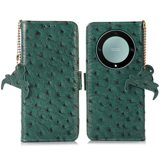 For Honor Magic5 Lite 5G / X9a 5G / X40 5G RFID Blocking Phone Case Ostrich Pattern Cowhide Cow Leather Stand Phone Wallet Cover - Green