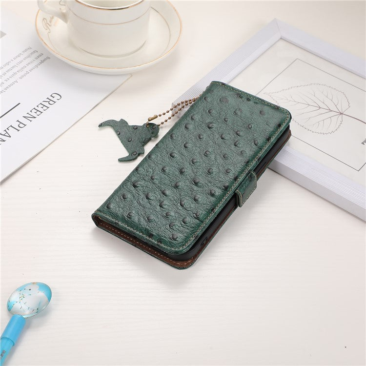 For Honor Magic5 Lite 5G / X9a 5G / X40 5G RFID Blocking Phone Case Ostrich Pattern Cowhide Cow Leather Stand Phone Wallet Cover - Green