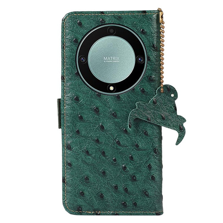 For Honor Magic5 Lite 5G / X9a 5G / X40 5G RFID Blocking Phone Case Ostrich Pattern Cowhide Cow Leather Stand Phone Wallet Cover - Green