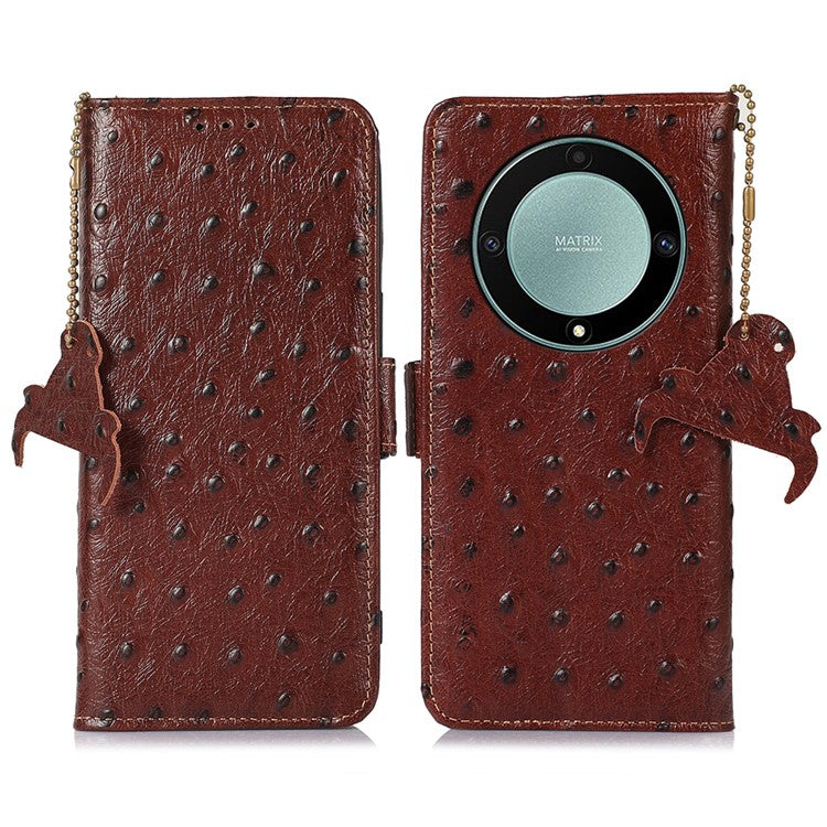 For Honor Magic5 Lite 5G / X9a 5G / X40 5G RFID Blocking Phone Case Ostrich Pattern Cowhide Cow Leather Stand Phone Wallet Cover - Coffee