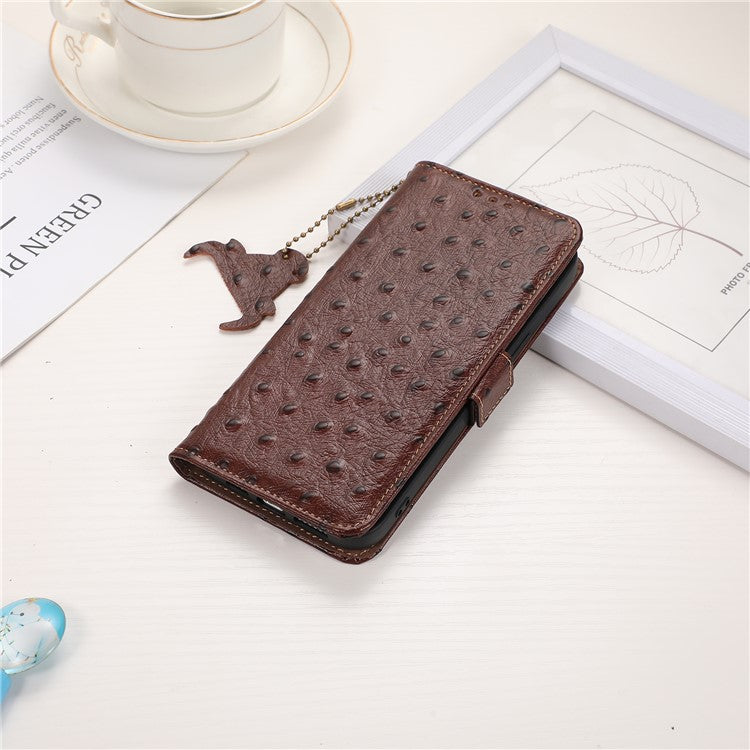 For Honor Magic5 Lite 5G / X9a 5G / X40 5G RFID Blocking Phone Case Ostrich Pattern Cowhide Cow Leather Stand Phone Wallet Cover - Coffee