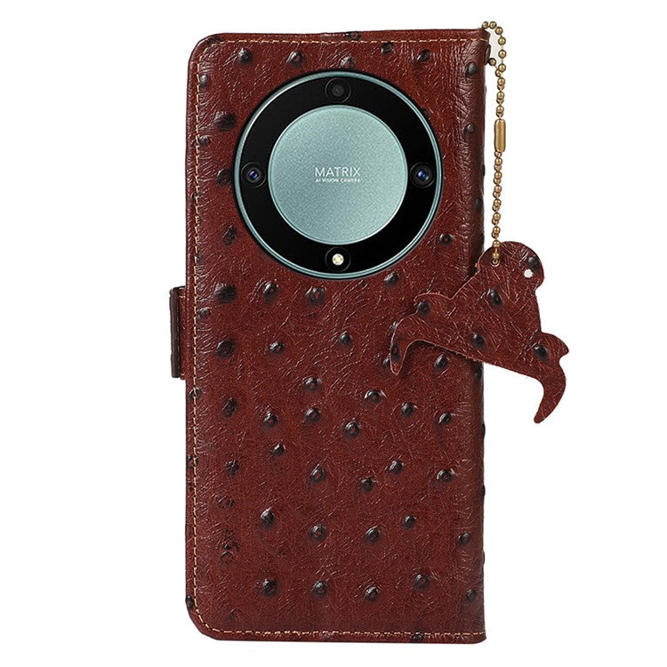 For Honor Magic5 Lite 5G / X9a 5G / X40 5G RFID Blocking Phone Case Ostrich Pattern Cowhide Cow Leather Stand Phone Wallet Cover - Coffee