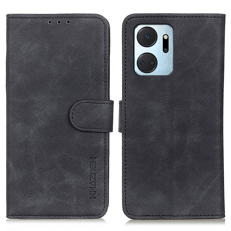 KHAZNEH For Honor X7a 5G Wallet Stand Leather Phone Case Retro Texture Anti-fall Phone Cover - Black