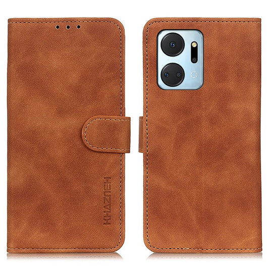 KHAZNEH For Honor X7a 5G Wallet Stand Leather Phone Case Retro Texture Anti-fall Phone Cover - Brown