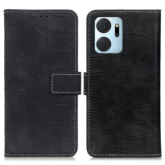 Phone Case for Honor X7a 5G , Flip Leather Wallet Stand Crocodile Texture Anti-fall Protective Phone Cover - Black