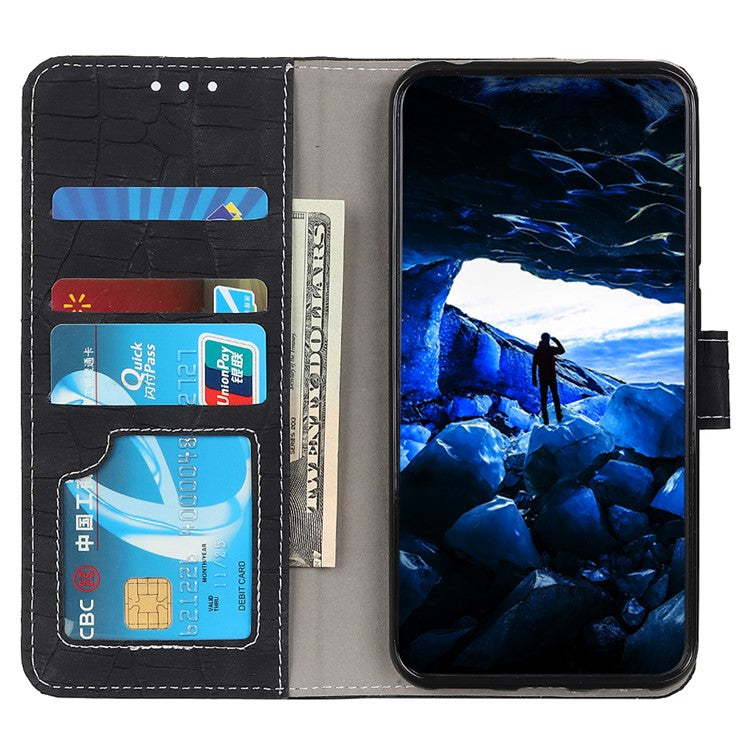 Phone Case for Honor X7a 5G , Flip Leather Wallet Stand Crocodile Texture Anti-fall Protective Phone Cover - Black