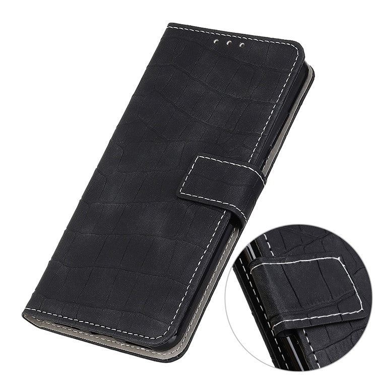 Phone Case for Honor X7a 5G , Flip Leather Wallet Stand Crocodile Texture Anti-fall Protective Phone Cover - Black