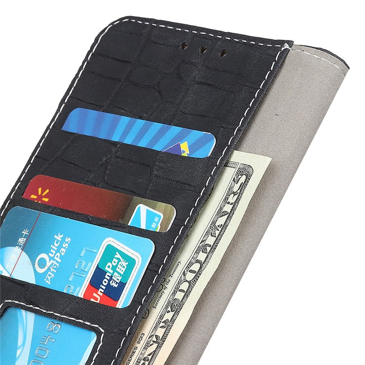Phone Case for Honor X7a 5G , Flip Leather Wallet Stand Crocodile Texture Anti-fall Protective Phone Cover - Black
