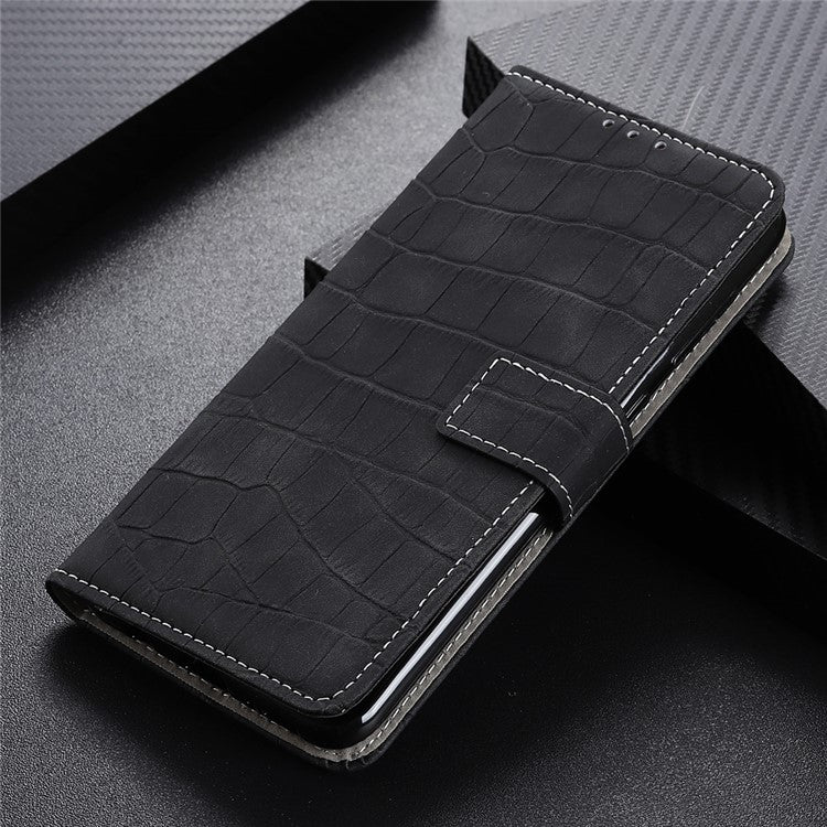 Phone Case for Honor X7a 5G , Flip Leather Wallet Stand Crocodile Texture Anti-fall Protective Phone Cover - Black