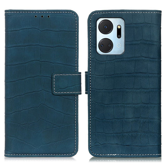 Phone Case for Honor X7a 5G , Flip Leather Wallet Stand Crocodile Texture Anti-fall Protective Phone Cover - Blackish Green