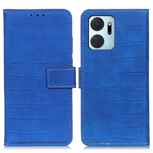 Phone Case for Honor X7a 5G , Flip Leather Wallet Stand Crocodile Texture Anti-fall Protective Phone Cover - Blue