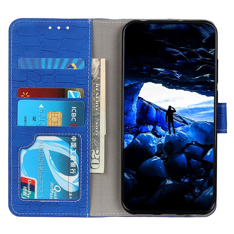 Phone Case for Honor X7a 5G , Flip Leather Wallet Stand Crocodile Texture Anti-fall Protective Phone Cover - Blue