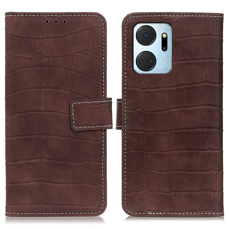 Phone Case for Honor X7a 5G , Flip Leather Wallet Stand Crocodile Texture Anti-fall Protective Phone Cover - Brown