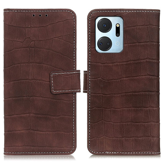 Phone Case for Honor X7a 5G , Flip Leather Wallet Stand Crocodile Texture Anti-fall Protective Phone Cover - Brown
