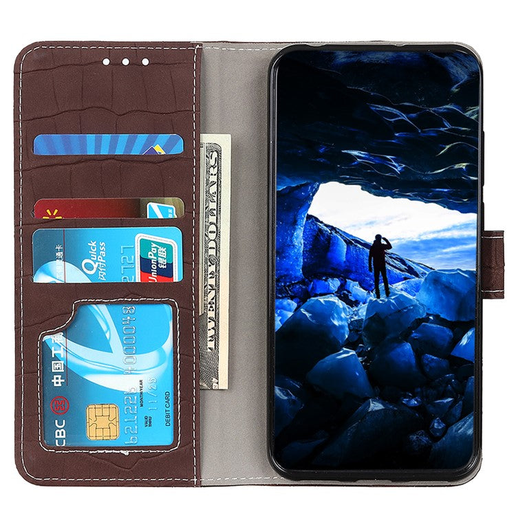 Phone Case for Honor X7a 5G , Flip Leather Wallet Stand Crocodile Texture Anti-fall Protective Phone Cover - Brown