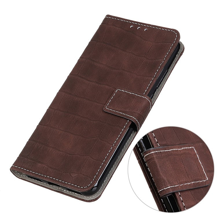 Phone Case for Honor X7a 5G , Flip Leather Wallet Stand Crocodile Texture Anti-fall Protective Phone Cover - Brown