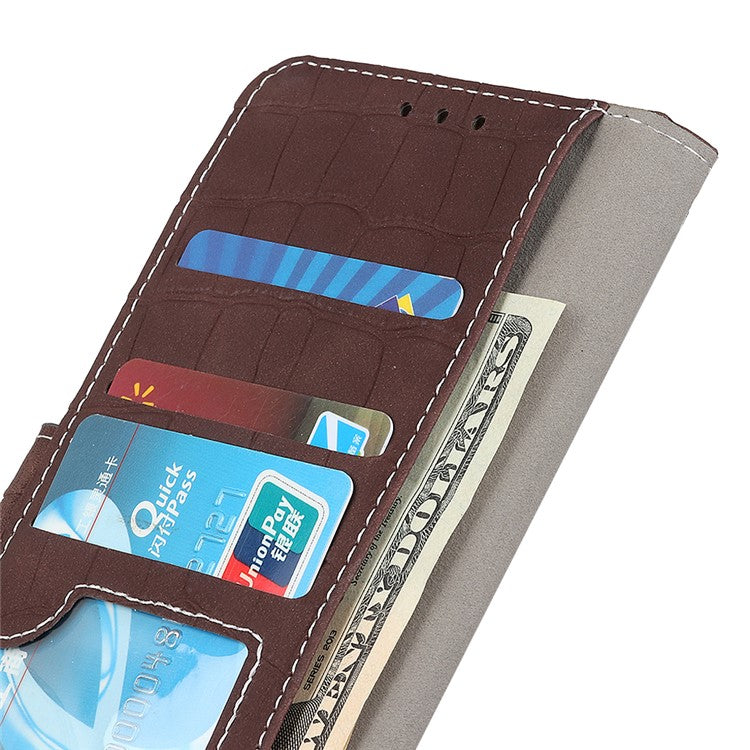 Phone Case for Honor X7a 5G , Flip Leather Wallet Stand Crocodile Texture Anti-fall Protective Phone Cover - Brown