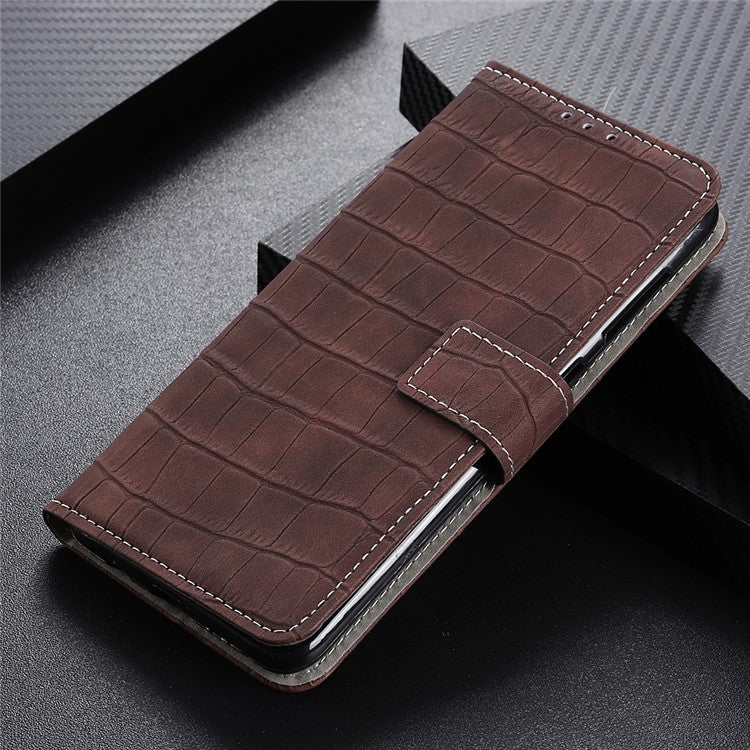 Phone Case for Honor X7a 5G , Flip Leather Wallet Stand Crocodile Texture Anti-fall Protective Phone Cover - Brown
