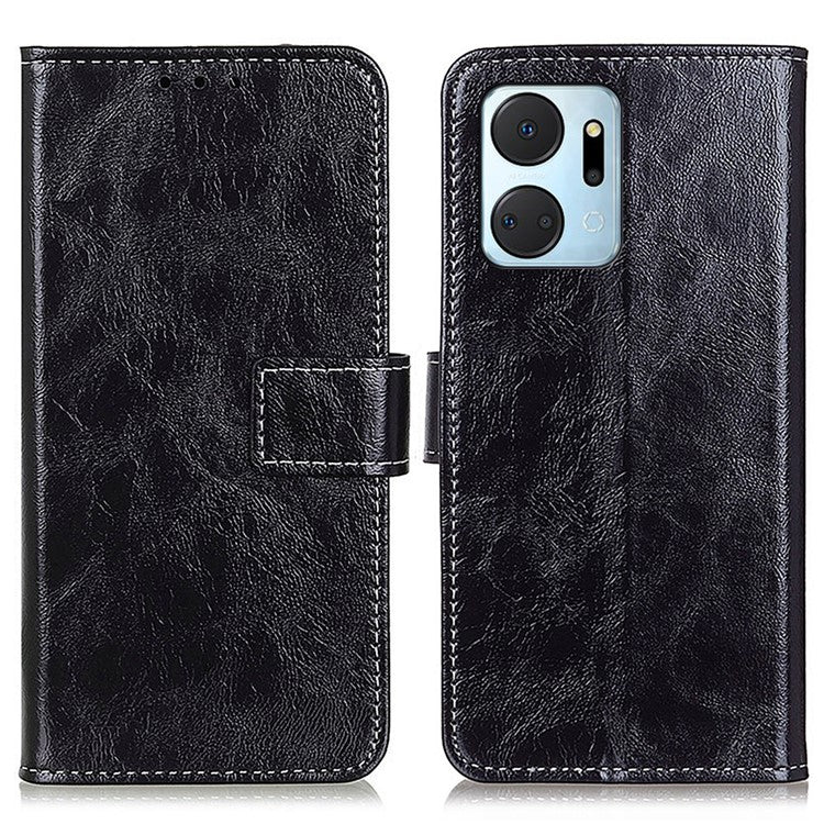 For Honor X7a 5G PU Leather Phone Wallet Case Stand Retro Crazy Horse Texture Phone Cover - Black