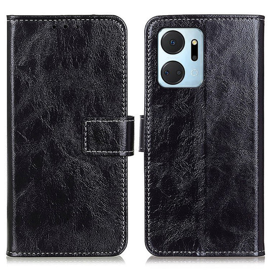 For Honor X7a 5G PU Leather Phone Wallet Case Stand Retro Crazy Horse Texture Phone Cover - Black