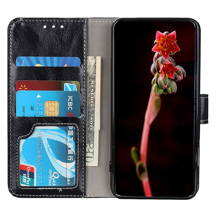 For Honor X7a 5G PU Leather Phone Wallet Case Stand Retro Crazy Horse Texture Phone Cover - Black