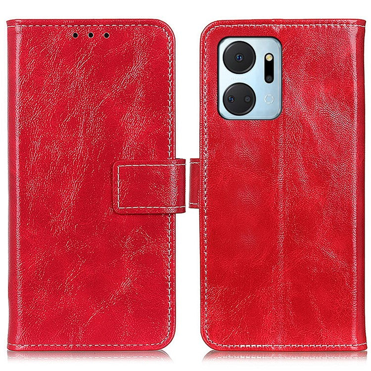 For Honor X7a 5G PU Leather Phone Wallet Case Stand Retro Crazy Horse Texture Phone Cover - Red