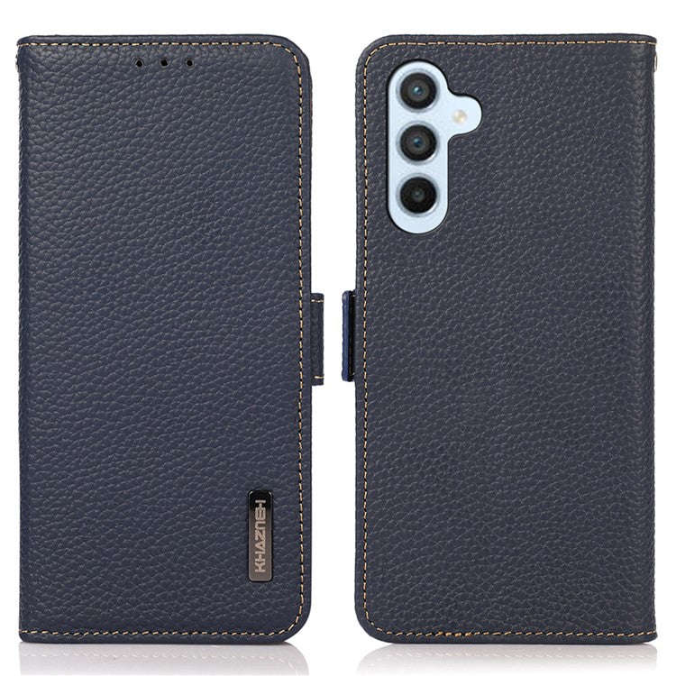 KHAZNEH For Samsung Galaxy A34 5G RFID Blocking Phone Wallet Case Genuine Cow Leather Stand Phone Cover - Blue