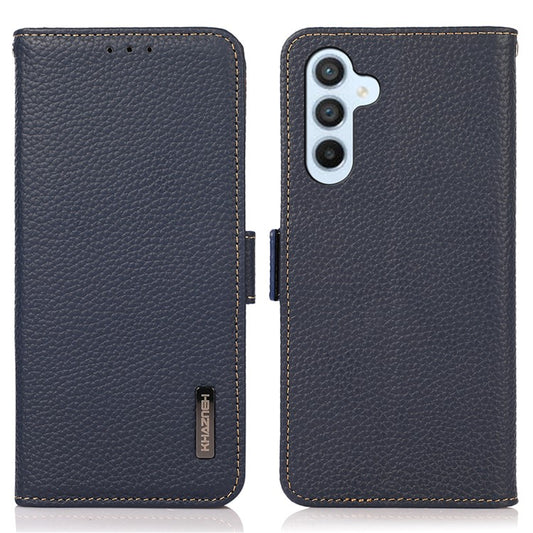 KHAZNEH For Samsung Galaxy A34 5G RFID Blocking Phone Wallet Case Genuine Cow Leather Stand Phone Cover - Blue