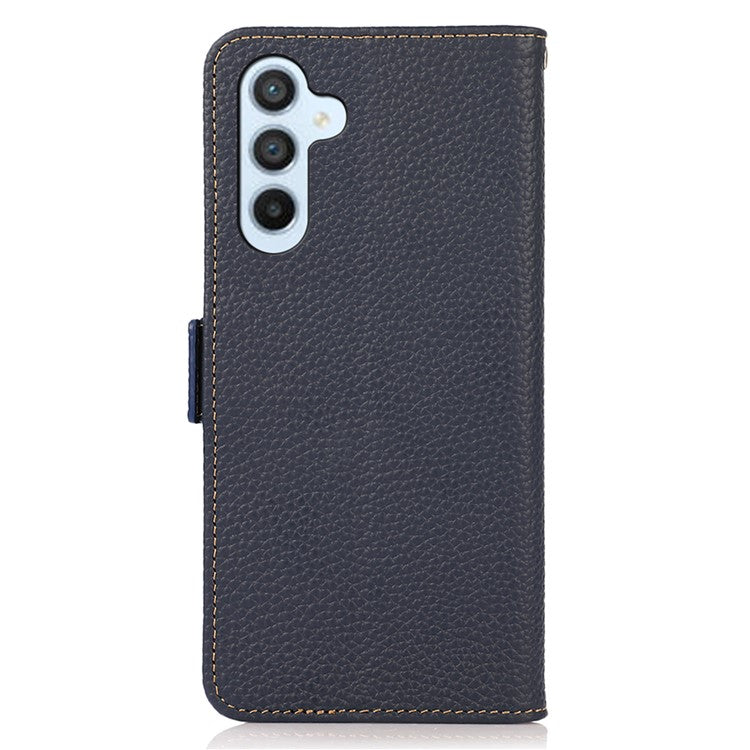 KHAZNEH For Samsung Galaxy A34 5G RFID Blocking Phone Wallet Case Genuine Cow Leather Stand Phone Cover - Blue