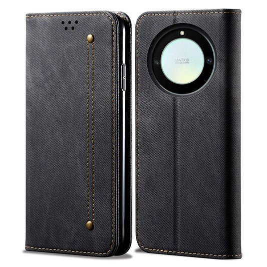 For Honor X40 5G Shockproof Leather Jeans Cloth Texture Phone Cover with Stand Wallet - Black