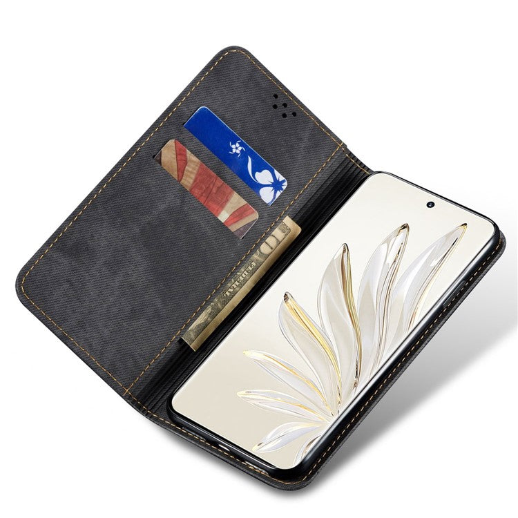 For Honor X40 5G Shockproof Leather Jeans Cloth Texture Phone Cover with Stand Wallet - Black