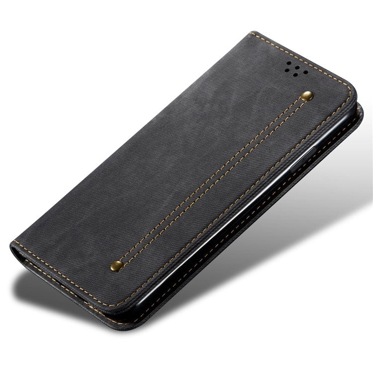 For Honor X40 5G Shockproof Leather Jeans Cloth Texture Phone Cover with Stand Wallet - Black