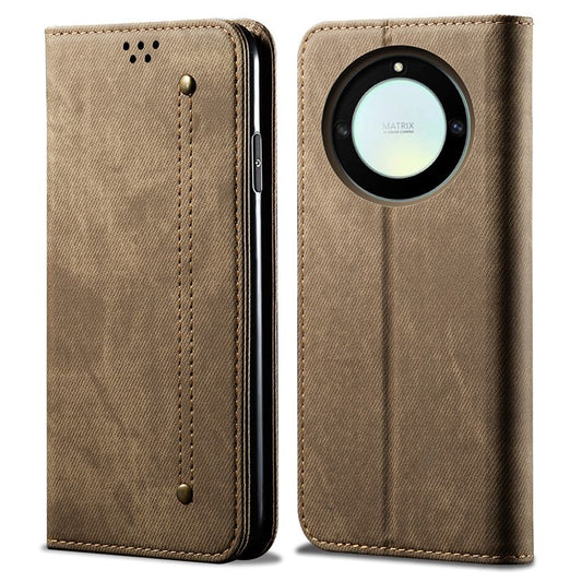 For Honor X40 5G Shockproof Leather Jeans Cloth Texture Phone Cover with Stand Wallet - Khaki