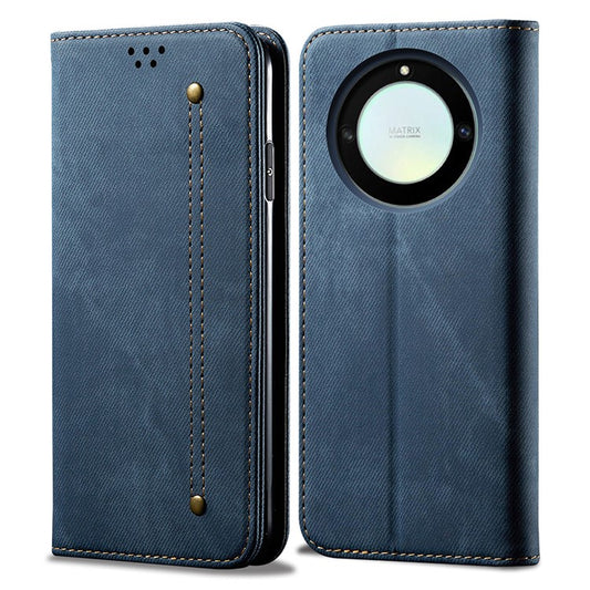 For Honor X40 5G Shockproof Leather Jeans Cloth Texture Phone Cover with Stand Wallet - Blue
