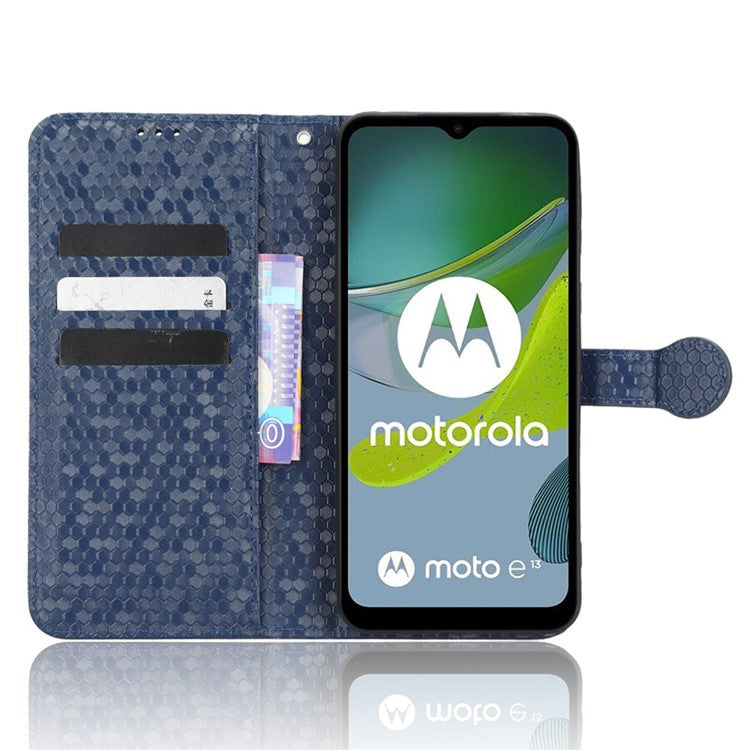 PU Leather Cover for Motorola Moto E13 4G Stand Cover Dot Pattern Imprinted Wallet Phone Case - Dark Blue