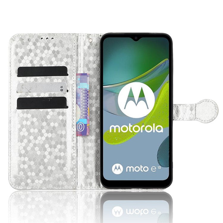 PU Leather Cover for Motorola Moto E13 4G Stand Cover Dot Pattern Imprinted Wallet Phone Case - Silver