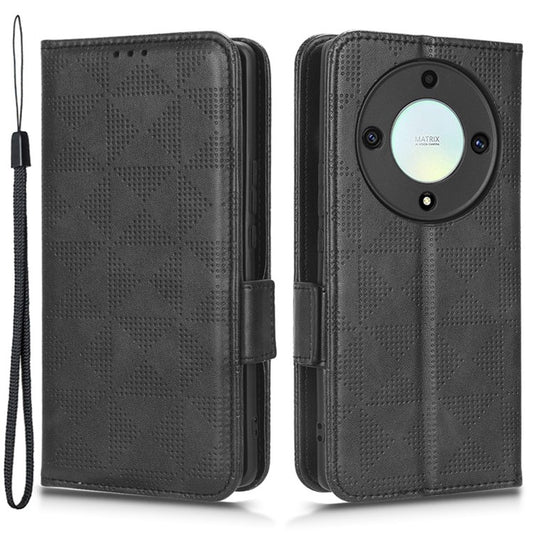 For Honor X40 5G / X9a 5G / Magic5 Lite 5G Imprinted Triangle Pattern Phone Cove Wallet Stand Case - Black