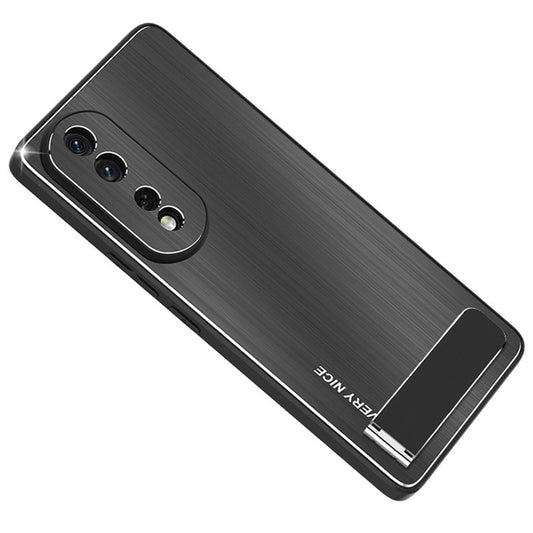 Phone Kickstand Case for Honor 80 5G TPU Frame Aluminium Alloy Back Brushed Cell Phone Cover - Black