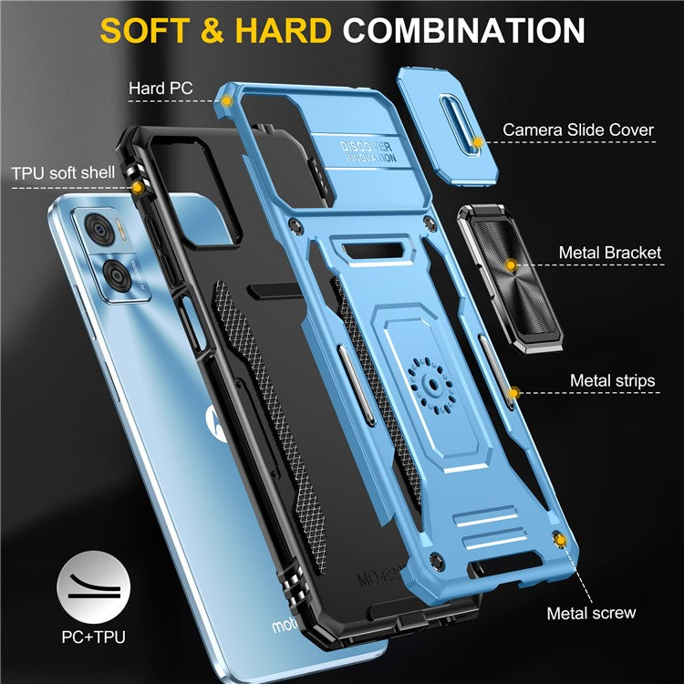 Armor Series for Motorola Moto E22i 4G / E22 4G Shockproof Phone Case Kickstand with Slide Camera Protector - Sky Blue
