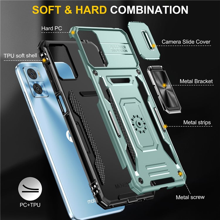 Armor Series for Motorola Moto E22i 4G / E22 4G Shockproof Phone Case Kickstand with Slide Camera Protector - Green