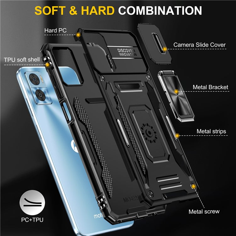 Armor Series for Motorola Moto E22i 4G / E22 4G Shockproof Phone Case Kickstand with Slide Camera Protector - Black